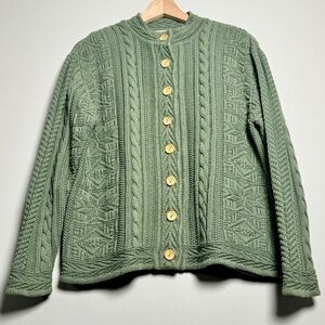 LL Bean Sage Green Cable-knit Heritage Cardigan w Wood Buttons Sz M